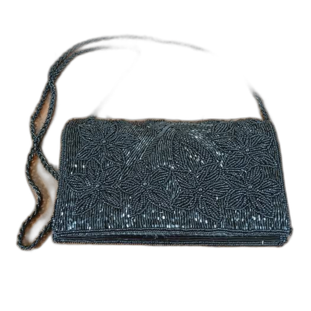vintage black beaded evening bag, often found listed as a clutch or shoulder bag